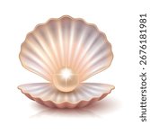 Vector 3d Realistic Pearl Shell, Isolated. Shiny Natural Pearl in Seashell, Luxury Jewelry Symbol, Elegant Marine Icon, Precious Gemstone, Ocean Treasure, Oyster Pearl Decorative Design Element