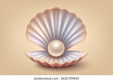 Vector 3d Realistic Pearl in Shell. Pearl Vector with Shiny Pearl on Pink Seashell. Luxury Marine Illustration for Jewelry Design, Spa Branding, Cosmetic Packaging, Sea Poster. Vector Illustration