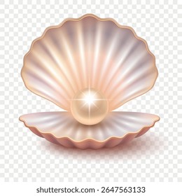Vetor 3d Realistic Pearl Shell, isolado. Brilhante pérola natural em concha, símbolo de joias de luxo, ícone marinho elegante, pedra preciosa, tesouro do oceano, pérola de ostra elemento decorativo do projeto