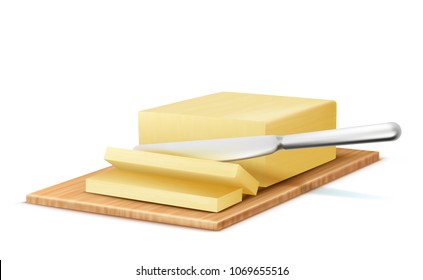 Vector 3d realistic piece of butter with metal knife on wooden tray. Slices of milk dairy product, fatty margarine for breakfast. Fresh natural yellow nutrition for spreading, cooking