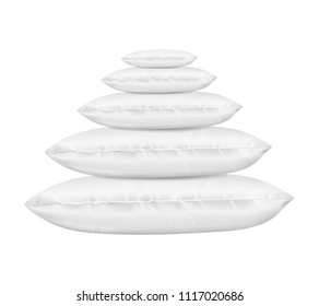 Vector 3d realistic pile of comfortable square pillows, side view. Template, mock up of white fluffy cushion for relaxation, sleep. Dauber set for nap, bedding, rest.