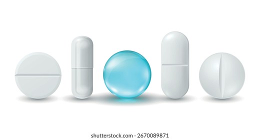 Vector 3d Píldoras Realistas y Cápsula Icon Set. Tabletas de medicina, Clipart de píldoras farmacéuticas. Plantilla de diseño de vitaminas y suplementos. Cápsulas médicas aisladas