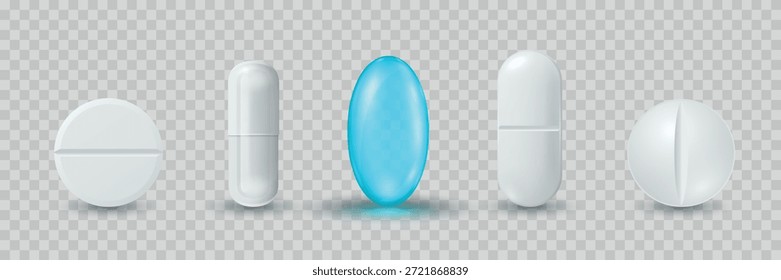 Vektor 3d Realistische Pillen und Kapsel Icon Set, isoliert. Medizinische Tabletten, pharmazeutische Pillen Clipart. Design-Vorlage für Vitamine und Ergänzungen. Isolierte medizinische Kapseln