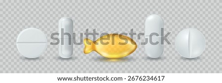 Vector 3d Realistic Pills and Capsule Icon Set. Medicine Tablets, Pharmaceutical Pills Clipart. Vitamins and Supplements Design Template. Isolated Medical Capsules