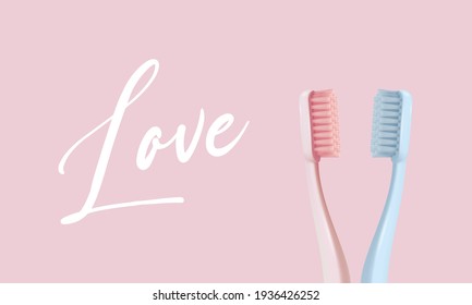 Vector 3d Realistic Pink, Blue Plastic Blank Toothbrush Set on Pink Background. Design Template, Dentistry, Healthcare, Hygiene, Love, St. Valentine s Day, Family, Couple Concept. Two Tooth Brushes.