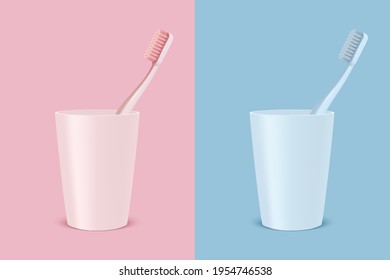 Vector 3d Realistic Pink and Blue Toothbrush and Plastic Holder Cup Set Isolated. Medical Dentist Illustration. Design Template, Clipart, Mockup. Dental, Health, Dental Care Concept