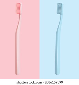 Vector 3d Realista Pink, Blue Simple Blank Toothcel Set. Plantilla de diseño para la mezcla. Odontología, salud, concepto de higiene. Dos Cepillos Dientes. Pincel para dientes