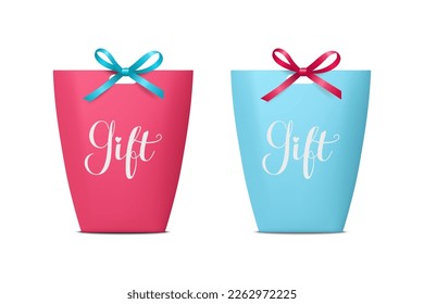 Vector 3d Realistic Pink and Blue n Paper Gift Bag, Box for Birthday or Party with Silk Bow, Ribbon. Carry Bag for Present Icon Set Isolated on White Background. Christmas, Birthday Design Template