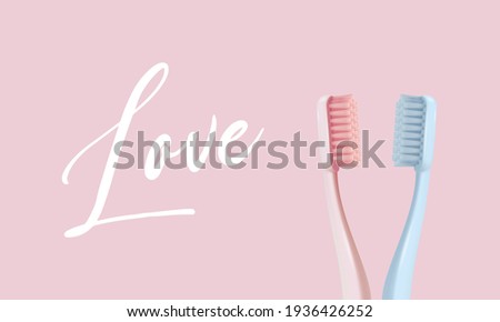 Vector 3d Realistic Pink, Blue Plastic Blank Toothbrush Set on Pink Background. Design Template, Dentistry, Healthcare, Hygiene, Love, St. Valentine s Day, Family, Couple Concept. Two Tooth Brushes.