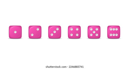 Vector 3d Realistic Pink Game Dice Icon Set Closeup Isolated. Game Cubes for Gambling, Casino Dices From One to Six Dots, Round Edges