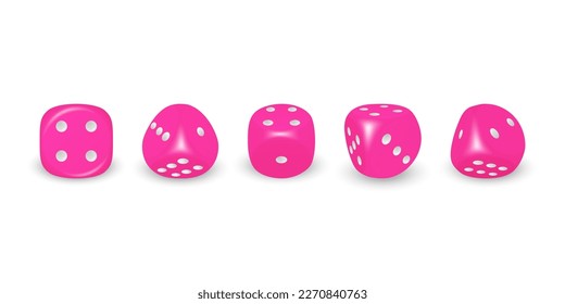 Vector 3d Realistic Pink Game Dice with White Dots Icon Set Closeup Isolated on White Background. Game Cubes for Gambling in Different Positions, Casino Dices, Round Edges