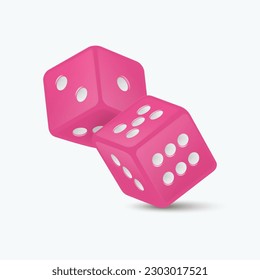 Vector 3d Realistic Pink Game Dice with White Dots Set Closeup Isolated on White Background. Game Cubes Couple for Gambling in Different Positions, Casino Dices, Round Edges