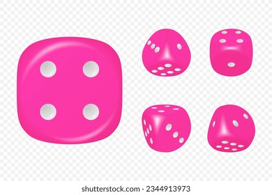 Vector 3d Dice De Juego Rosa Realista con Puntos Blancos Fijados en Diferentes Posiciones Aisladas. Diseño de juegos de azar, Casino, Poker, Tabletop, Juegos de mesa. Cubos realistas, números aleatorios, bordes redondeados