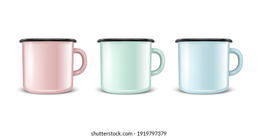 Vector 3d Realistic Pink, Green, Blue Enamel Metal Blank White Mug Set Isolated on White Background. Front View. Design Template for Mock up