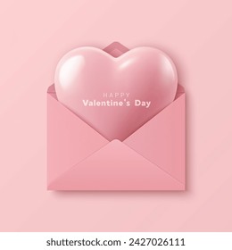 Vector 3d Realistic Pink Heart Shape in an Envelope Closeup Isolated on a Pink Background. Romantic Pink Glossy Heart Shape Set for Valentine's Day. Template for Designs and Decorations