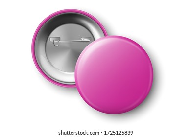 Vector 3d Realistic Pink Metal, Plastic Blank Button Badge Icon Set Isolated on Transparent Background. Top View - Front and Back Side. Template for Branding Identity, Logo, Presentations. Mock-up