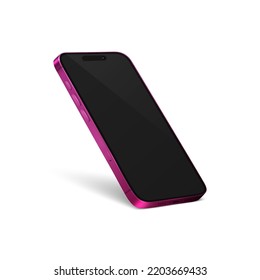 Vector 3d Realistic Pink Modern Smartphone Design Template with Black Screen. Mobile Phone Isolated. Telephone Device UI UX, Phone in Half Turn View