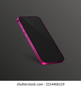 Vector 3d Realistic Pink Modern Smartphone Design Template with Black Screen. Mobile Phone Isolated. Telephone Device UI UX, Phone in Half Turn View