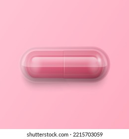 Vektorgrafik 3d realistisch rosafarbene pharmazeutische Pille, Kapsel, Tablette auf rosafarbenem Hintergrund. Oben, Draufsicht. Flat Lay. Leerstelle kopieren. Medizin, Konzept der Frauengesundheit