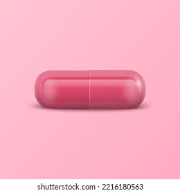 Vector 3d Realistic Pink Pharmaceutical Medical Pill, Capsule, Tablet on Pink Background. Front View. Copy Space. Medicine, Women's Health Concept