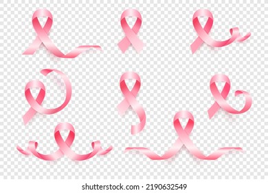 Vector 3d Realistic Pink Ribbon Set. Breast Cancer Awareness Symbol Closeup. Cancer Ribbon Template. Silk Ribbons. World Breast Cancer Day Concept