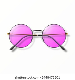 Vector 3d Realista Rosa Gafas De Marco Redondo Aislado. Gafas de sol, lentes, gafas Antiguas en Top View. Plantilla de diseño para el concepto de marca de óptica y gafas