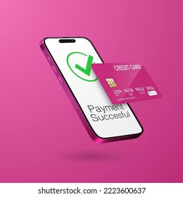 Vector 3d Realistic Pink Smartphone, Credit Card, Wi-Fi Successful Payment. Concept of Payment for Purchases by Card, Online Shopping. Design Template, Bank POS Terminal, Mockup. Processing NFC Device