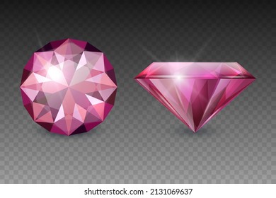 Vektor 3d realistischer rosafarbener Edelstein, Diamant, Kristall, Rhinestones Symbol Nahaufnahme. Jewerly Concept. Design-Vorlage, Clipart-Kunst. Draufsicht und Seitenansicht