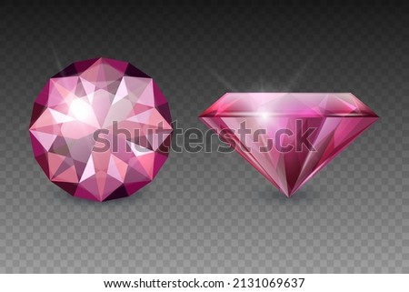 Vector 3d Realistic Pink Transparent Gemstone, Diamond, Crystal, Rhinestones Icon Set Closeup Isolated. Jewerly Concept. Design Template, Clipart. Top and Side View