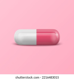 Vector 3d Realistic Pink and White Pharmaceutical Medical Pill, Capsule, Tablet on Pink Background. Front View. Copy Space. Medicine, Women's Health Concept