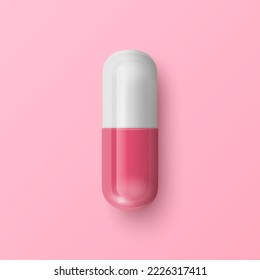 Vector 3d Realistic Pink and White Pharmaceutical Medical Pill, Capsule, Tablet on Pink Background. Front, Top View. Medicine, Health Concept