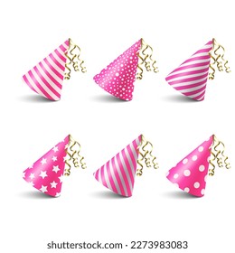 Vector 3d Realistisches Pink und White Geburtstagsfeier Hut Symbol einzeln auf weißem Hintergrund. Party Cap Design Vorlage für Party Banner, Grußkarte. Weihnachtsmäntel, Kegelform, Draufsicht