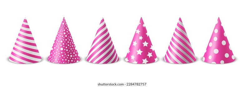 Vector 3d Realistic Pink and White Birthday Party Hat Icon Set Isolated on White Background. Party Cap Design Template for Party Banner, Greeting Card. Holiday Hats, Cone Shape, Front View