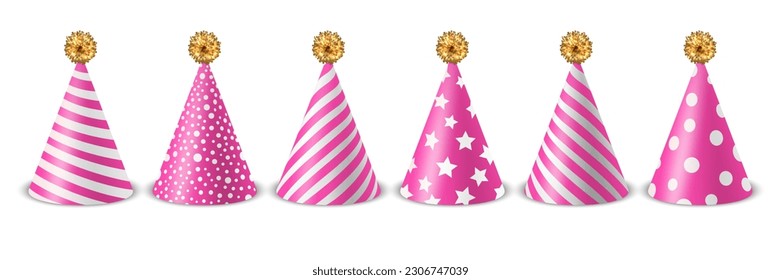 Vector 3d Realistic Pink and White Birthday Party Hat Icon Set Isolated on White Background. Party Cap Design Template for Party Banner, Greeting Card. Holiday Hats, Cone Shape, Front View