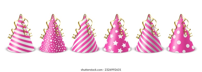 Vector 3d Realistisches Pink und White Geburtstagsfeier Hut Symbol einzeln auf weißem Hintergrund. Party Cap Design Vorlage für Party Banner, Grußkarte. Weihnachtsmäntel, Kegelform, Draufsicht