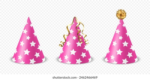 Vector 3d realista rosa y blanco cumpleaños fiesta de cumpleaños conjunto de iconos aislados. Plantilla de diseño de gorra de fiesta para Anuncio de fiesta, tarjeta de felicitación. Sombreros de Festiva, forma de cono, vista frontal