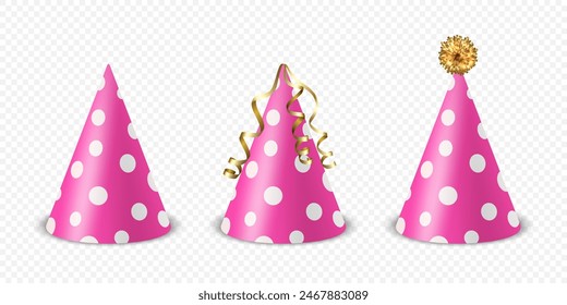Vector 3d Realistic Pink and White Birthday Party Hat Icon Set Isolated. Party Cap Design Template for Party Banner, Greeting Card. Holiday Hats, Cone Shape, Front View