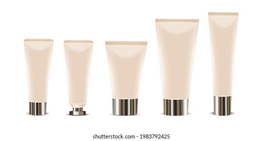 Vector 3d realistic plastic, beige tube packaging with metal glossy lid on a white background. Design template of toothpaste, cosmetics, cream mockup. Foreground