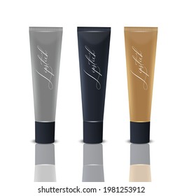 Vector 3d Realistic Plastic, Black, Silver, Bronze Tooth Paste, Metal Metallic, Lip Gloss, Balm, Cream Tube, Packing Set Isolated. Design Template, Cosmetics, Toothpaste, Cream, Mockup. Front View