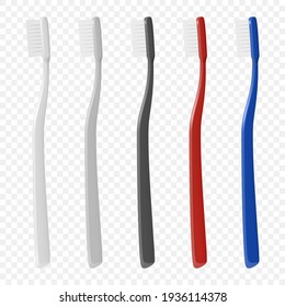 Vector 3d Realistic Plastic Blank Toothbrush Icon Set Isolated on Transparent Background. Design Template, Mockup. Dentistry, Healthcare, Hygiene Concept. Tooth Brush in Front, Side, Top View