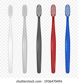 Vector 3d Realistic Plastic Blank Toothbrush Icon Set Isolated On Transparent Background. Design Template, Mockup. Dentistry, Healthcare, Hygiene Concept. Tooth Brush In Front, Top View