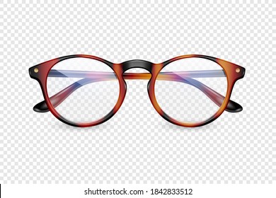 Vector 3d Realistic Plastic Brown Leopard Rimmed Eye Glasses Closeup Isolated on Transparent Background. Women, Men, Unisex Accessory. Optics, Health Concept. Design Template, Mockup. Front View