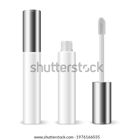 Vector 3d Realistic Plastic Closed, Opened White Lip Gloss, Lipstick, Concealer Package, Silver Cap Set Isolated. Glass Container, Tube, Lid, Brush. Glass Bottle Design Template, Mockup. Front View