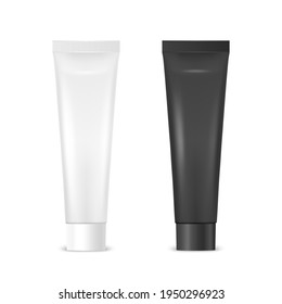 Vector 3d Realistic Plastic, Metal White and Black Tooth Paste, Cream Tube Packing Isolated on White Background. Design Template of Toothpaste, Cosmetics, Cream, Tooth Paste for Mockup. Front View