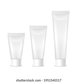 Vector 3d Realistic Plastic, Metal White Tooth Paste, Cream Tube, Packing Set Isolated On White Background. Design Template Of Toothpaste, Cosmetics, Cream, Tooth Paste For Mockup. Front View