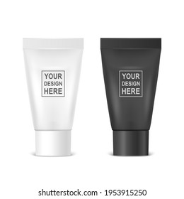 Vector 3d Realistic Plastic, Metal White, Black Tooth Paste, Cream Tube, Packing Set Isolated on White Background. Design Template of Toothpaste, Cosmetics, Cream, Tooth Paste for Mockup. Front View