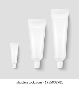 Vector 3d Realistic Plastic, Metal White Tooth Paste, Cream Tube, Packing Set Isolated on White Background. Design Template of Toothpaste, Cosmetics, Cream, Tooth Paste for Mockup. Top View