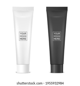 Vector 3d Realistic Plastic, Metal White, Black Tooth Paste, Cream Tube, Packing Set Isolated on White Background. Design Template of Toothpaste, Cosmetics, Cream, Tooth Paste for Mockup. Front View