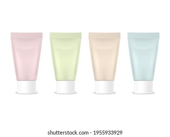 Vector 3d Realistic Plastic, Metal Pink, Green, Beige, Blue Tooth Paste, Cream Tube, Packing Set Isolated. Design Template of Toothpaste, Cosmetics, Cream, Tooth Paste for Mockup. Front View