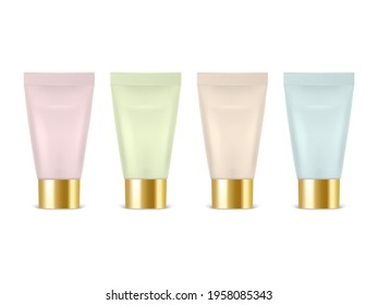 Vector 3d Realistic Plastic, Metal Pink, Green, Beige, Blue Tooth Paste, Cream Tube, Packing Set Isolated. Design Template of Toothpaste, Cosmetics, Cream, Tooth Paste for Mockup. Front View